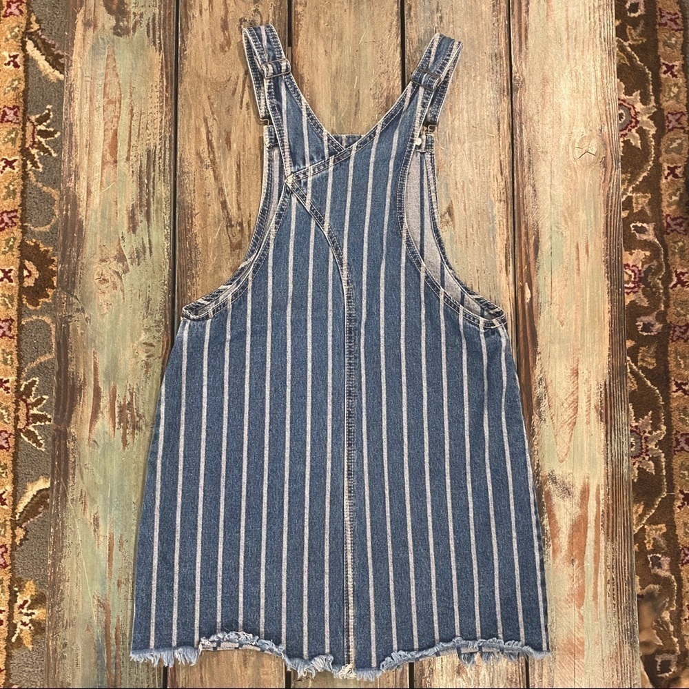 Sky And Sparrow Denim Jumper Short Dress Overalls Striped Frayed Hem Size Small - Picture 3 of 6